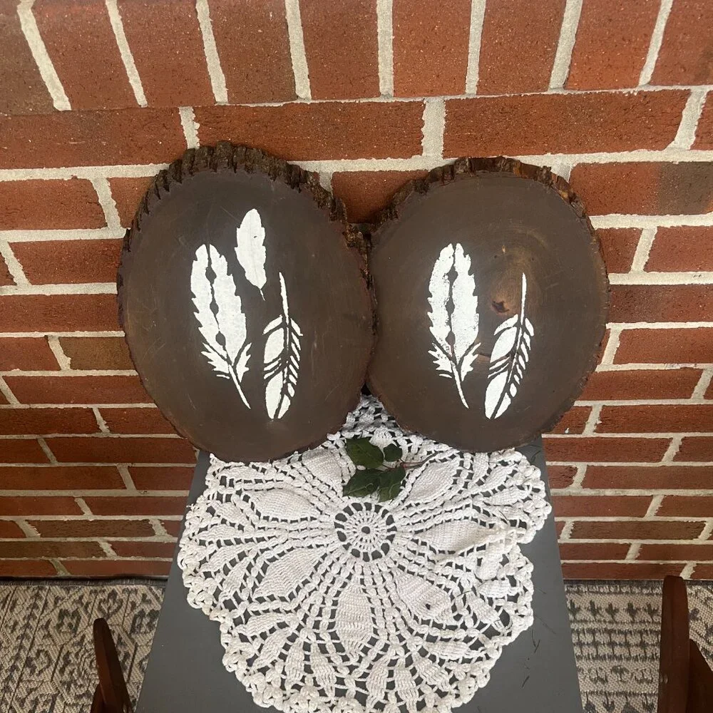 Reclaimed Wood Wall Decor Rustic Boho Feathers Set of 2